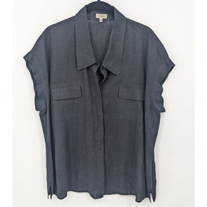 Feraud Shirt‎ Womens Large Black Linen Short Sleeve Button Front Pocket Relaxed